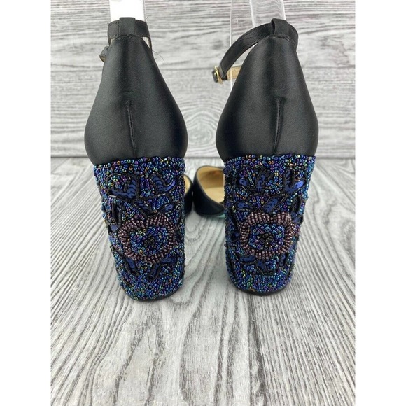 Blue by Betsey Johnson Embellished Black Silk Strap Block Heel Sybil Women's 8.5 - Picture 6 of 7